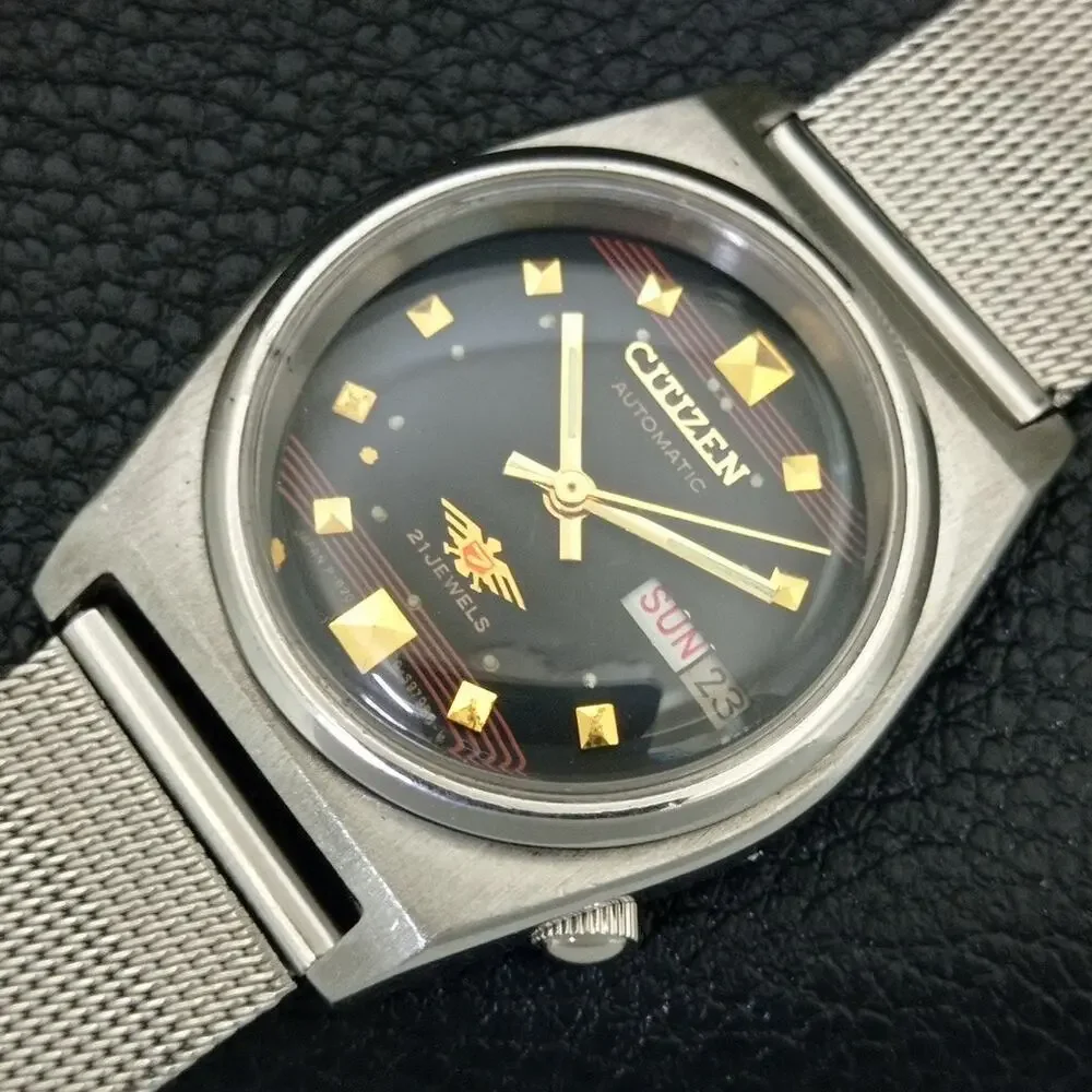 Vintage 1981 Citizen Automatic Mens Silver Watch W/daydate & Red accents